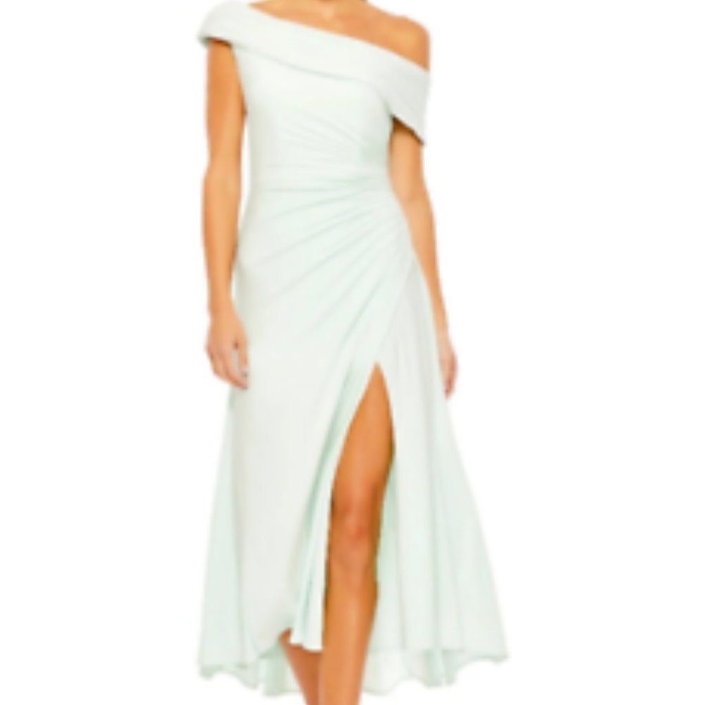 MAC DUGGAL FOR OVER RUCHED JERSEY THIGH SLIT MINT GREEN MIDI DRESS sz 2